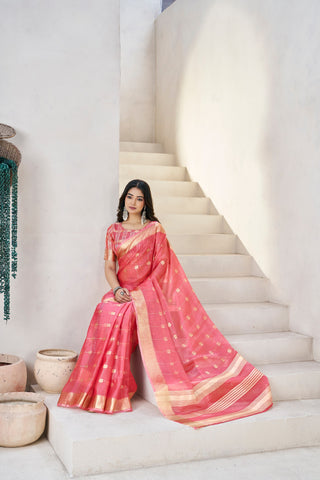 Exclusive Green Soft Linan Cotton Silk Zari Work Saree