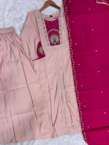 Lovely Pink Roman Silk Multi Embroidery Anarkali Kurti Set