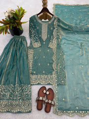 Captivating Orange Fendy Silk Embroidery Palazzo Suit