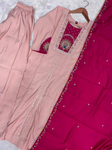 Lovely Pink Roman Silk Multi Embroidery Anarkali Kurti Set