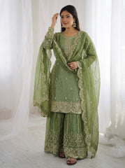 Captivating Orange Fendy Silk Embroidery Palazzo Suit
