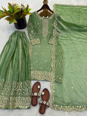 Captivating Orange Fendy Silk Embroidery Palazzo Suit