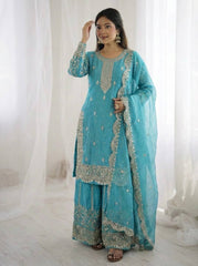 Captivating Orange Fendy Silk Embroidery Palazzo Suit