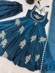 Stunning Maroon Pure Silk Embroidered Gown