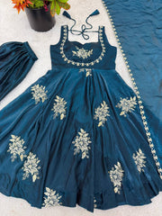 Stunning Maroon Pure Silk Embroidered Gown