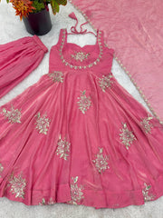 Stunning Maroon Pure Silk Embroidered Gown