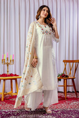Lovely White Mango Silk with Multi Embroidery Kurti Set
