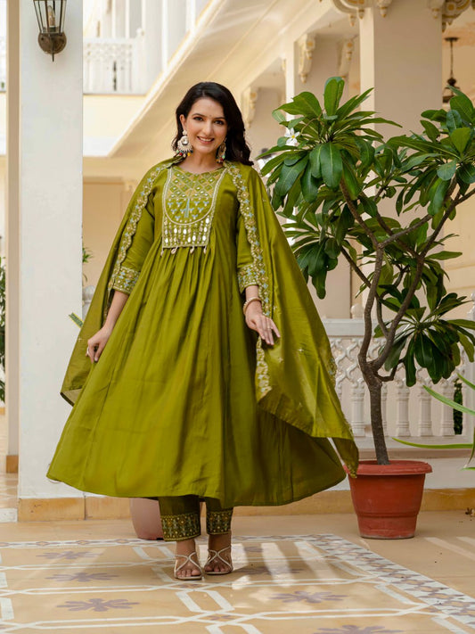 Gorgeous Roman Silk Multi Embroidery Work Anarkali Kurti Set