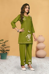 Alluring Green Heavy Viscose Rayon with Multi Embroidery Thread Work Co-Ords Set