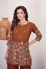 Charming Brown Cotton Kantha Work Co-ord Set