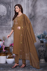Stylish Brown Roman Silk with Thread Work Kurti Set