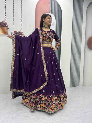 Charming Purple Chinon Embroidery Work Lehenga Choli