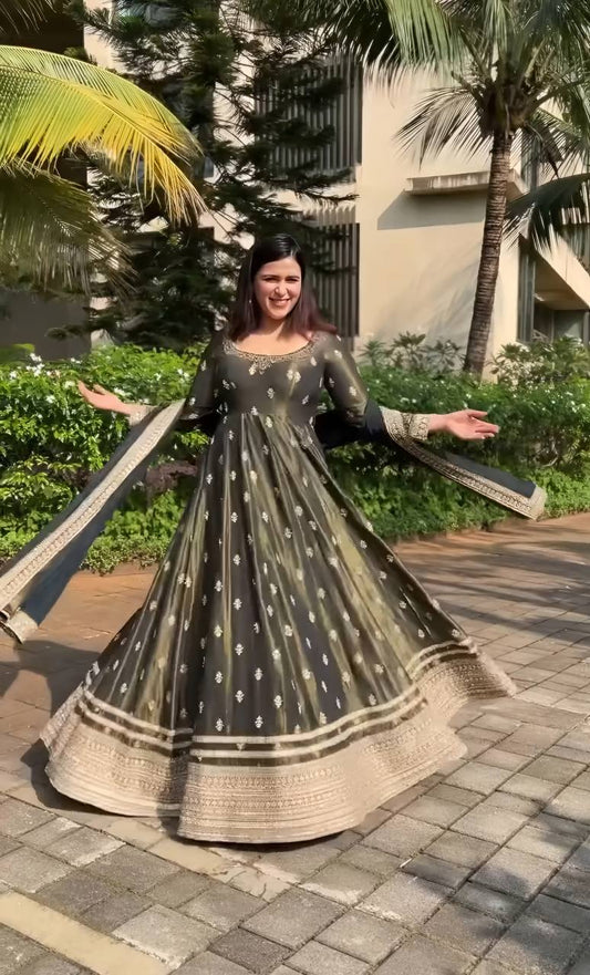 Glimmering Green Chinon Silk with Sequins Work Anarkali Suit