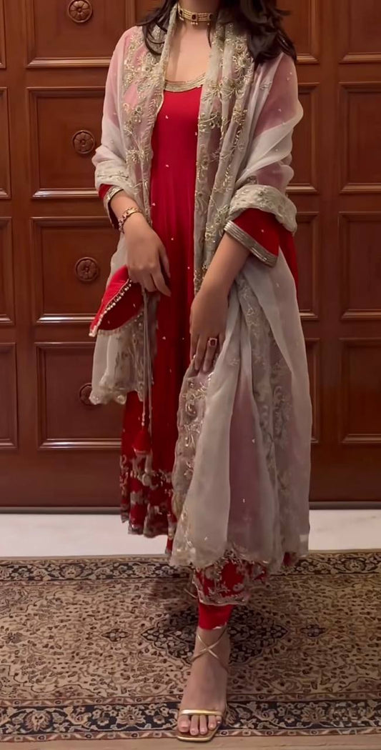Elegant Red Fox Georgette Embroidery Work Gown