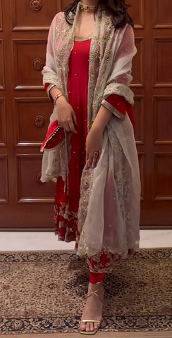Elegant Red Fox Georgette Embroidery Work Gown