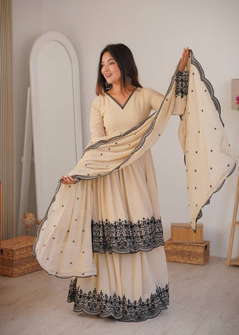 Gorgeous Cream Faux Georgette Embroidery Work Sharara Suit
