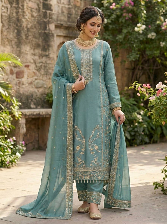 Wonderful Blue Silk with Embroidery Work Sharara Suit