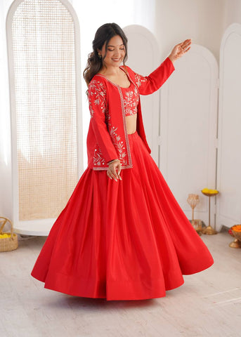 Stunning Red Havy Chinon Silk Plain Lehenga