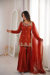 Red Fendy Silk with Sequence Work Sharara Suit