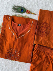 Beautiful Orange Cotton Hand Work Kurti