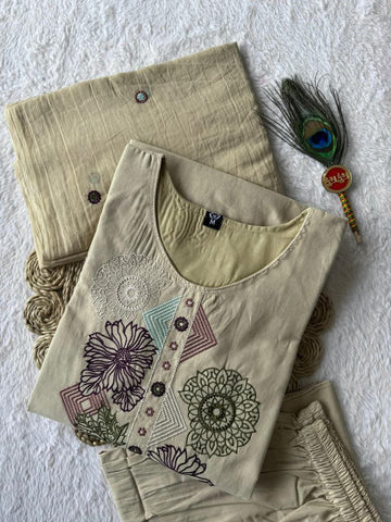 Exclusive Beige Pure Cotton Embroidery Work Suit
