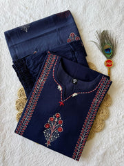Classic Navy Blue Cotton with Block Work Kurti Set