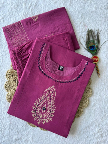 Rani Pink Cotton with Mirror Hand Work Kurti Set