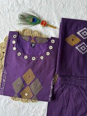 Lovely Purple Cotton with Real Mirror Hand Work Kurti Set