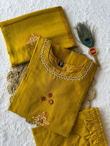 Mustard Cotton with Mirror Hand Work Kurti Set
