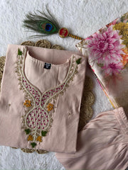 Charming Light Peach Premium Roman Silk Hand Work Suit