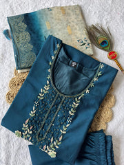 Lovely Blue Premium Roman Silk Hand Work Suit