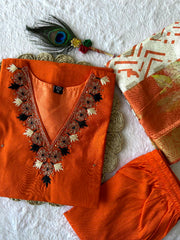 Exclusive Orange Roman Silk with Hand Work Kurti Set