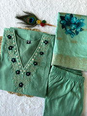 Pista Green V-Neck Floral Embroidered Kurti Set