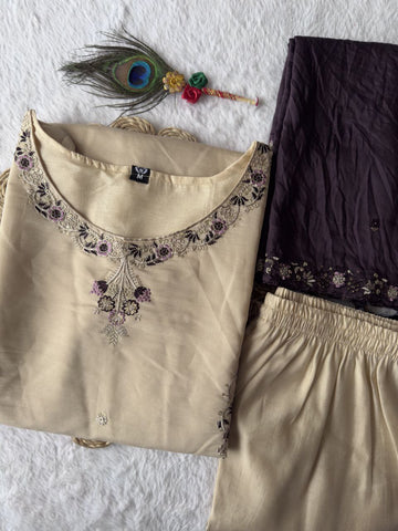 Exclusive Beige Premium Silk Embroidery Work Kurti Set