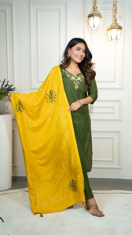 Attractive Green Premium Roman Silk Hand Work Kurti Set