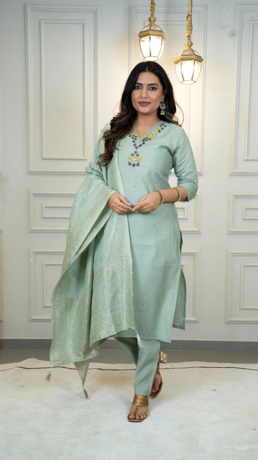 Exclusive Green Jacquard With Hand Work Suit Set