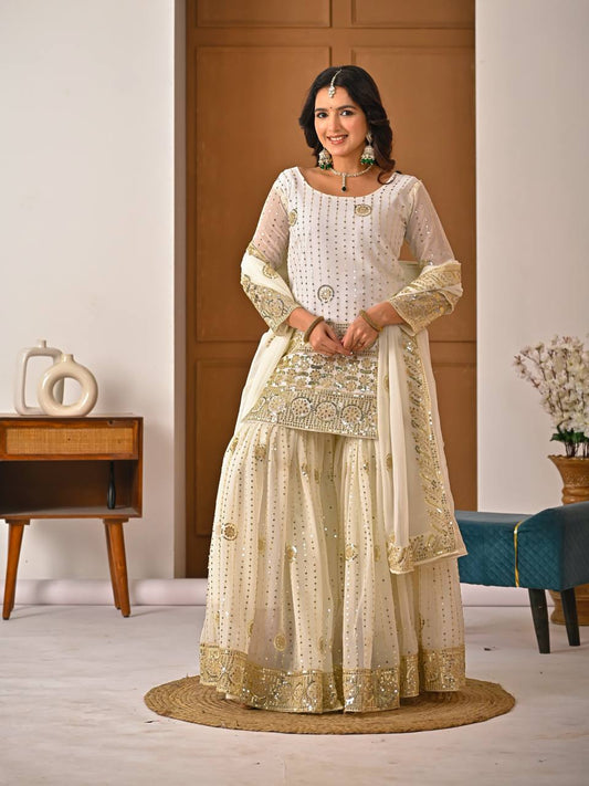 Amazing White Georgette Silk Embroidery Sharara Suit