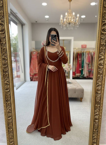 Beautiful Brown Fox Georgette Handwork Anarkali Suit