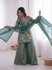 Function Wear Silk with Heavy Embroidery Palazzo Suit
