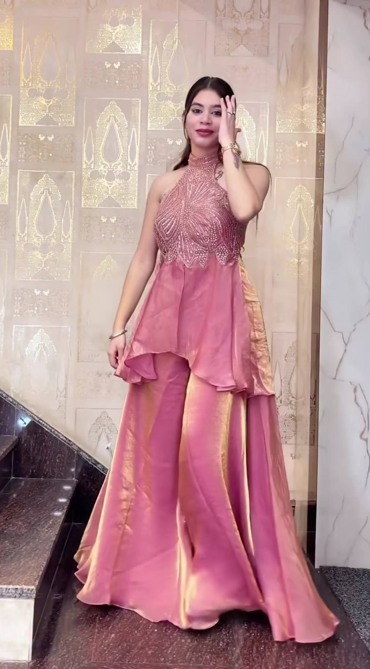 Designer Peach Heavy Fandy Silk Sharara Palazzo Suit