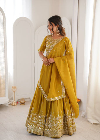 Charming Yellow Havy Simmer Silk Thread Work Lehenga