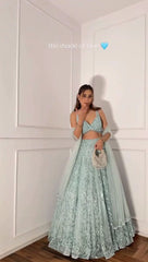 Exclusive Blue Butterfly Net Embroidery Lehenga