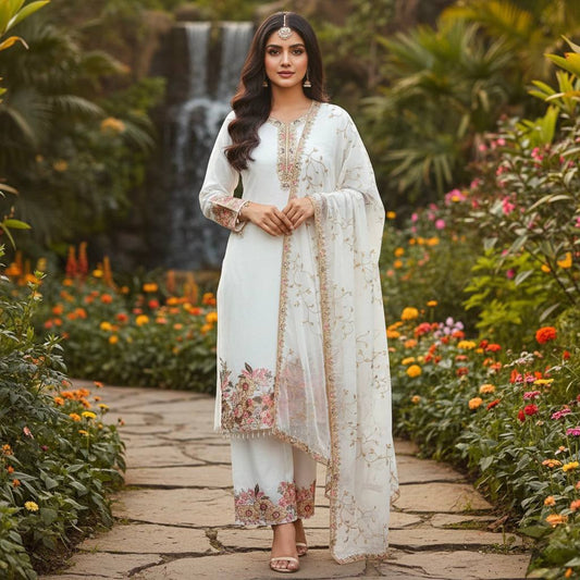 Stylish Fuax Georgette Heavy Embroidery Palazzo Suit