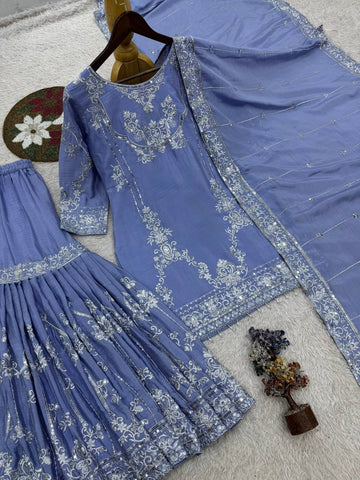 Alluring Blue Embroidery Work Sharara Suit