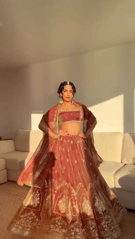 Exclusive Rust Silk With Thread Work Lehenga Choli