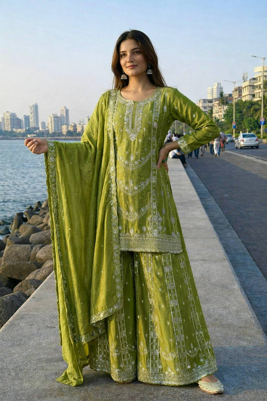 Exclusive Parrot Green Chinon Embroidery Work Palazzo Suit
