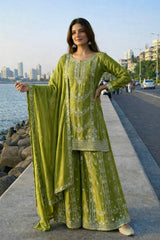Exclusive Parrot Green Chinon Embroidery Work Palazzo Suit