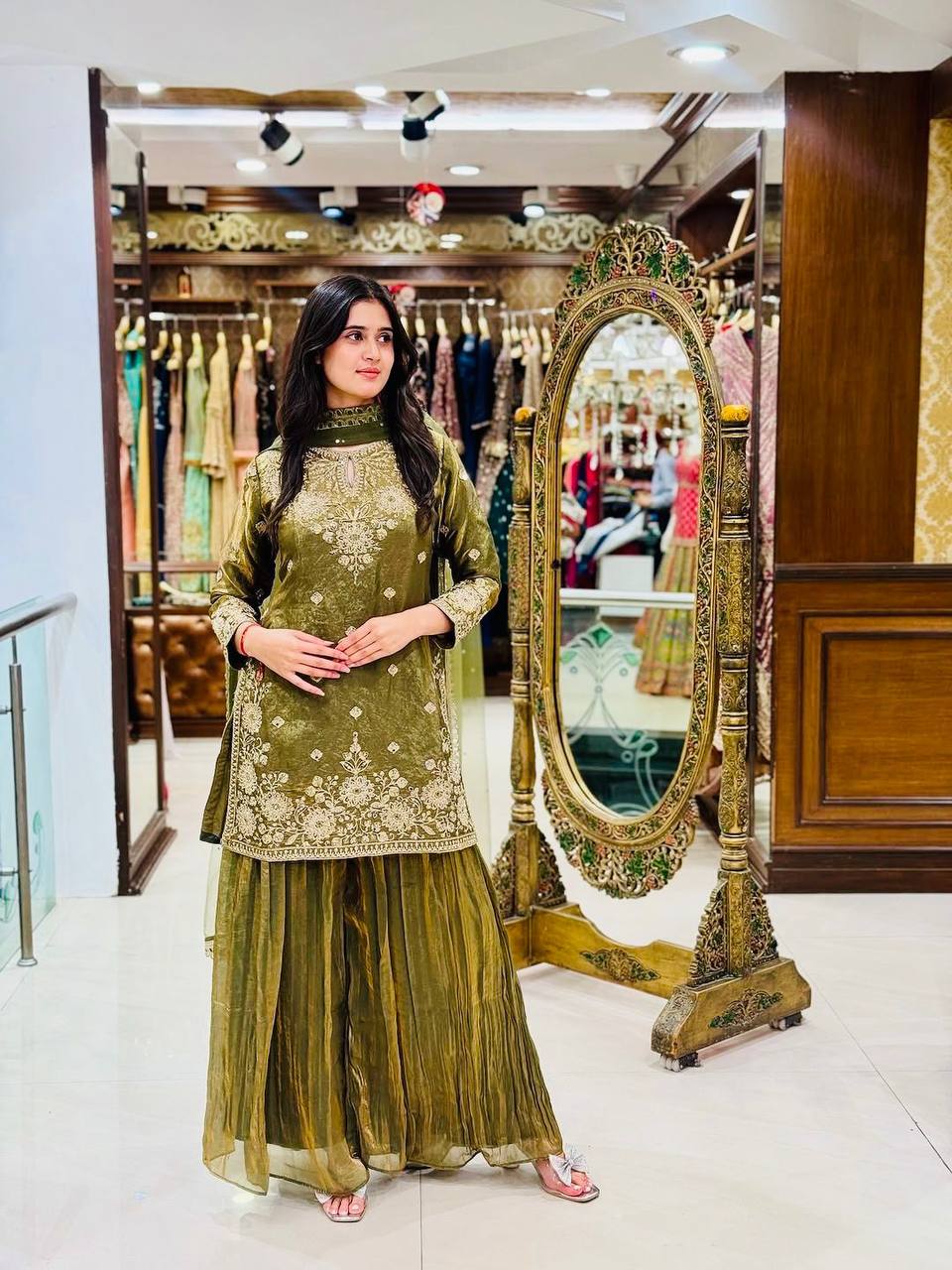 Mehndi  Fendy with Embroidery Work Sharara Suit