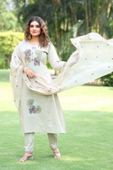 Exclusive Beige Pure Cotton Embroidery Work Suit