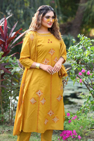 Mustard Cotton with Mirror Hand Work Kurti Set